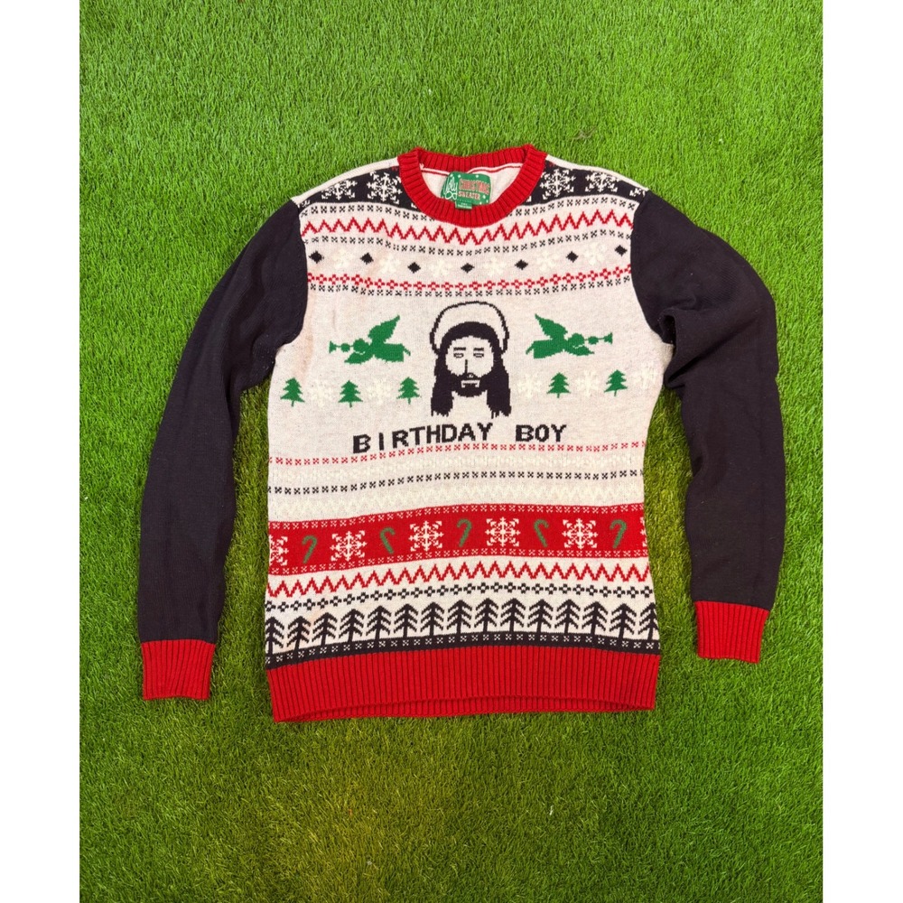 Ugly Christmas Sweater Jesus Birthday Boy Mens Small Holiday Knit Pullover Red